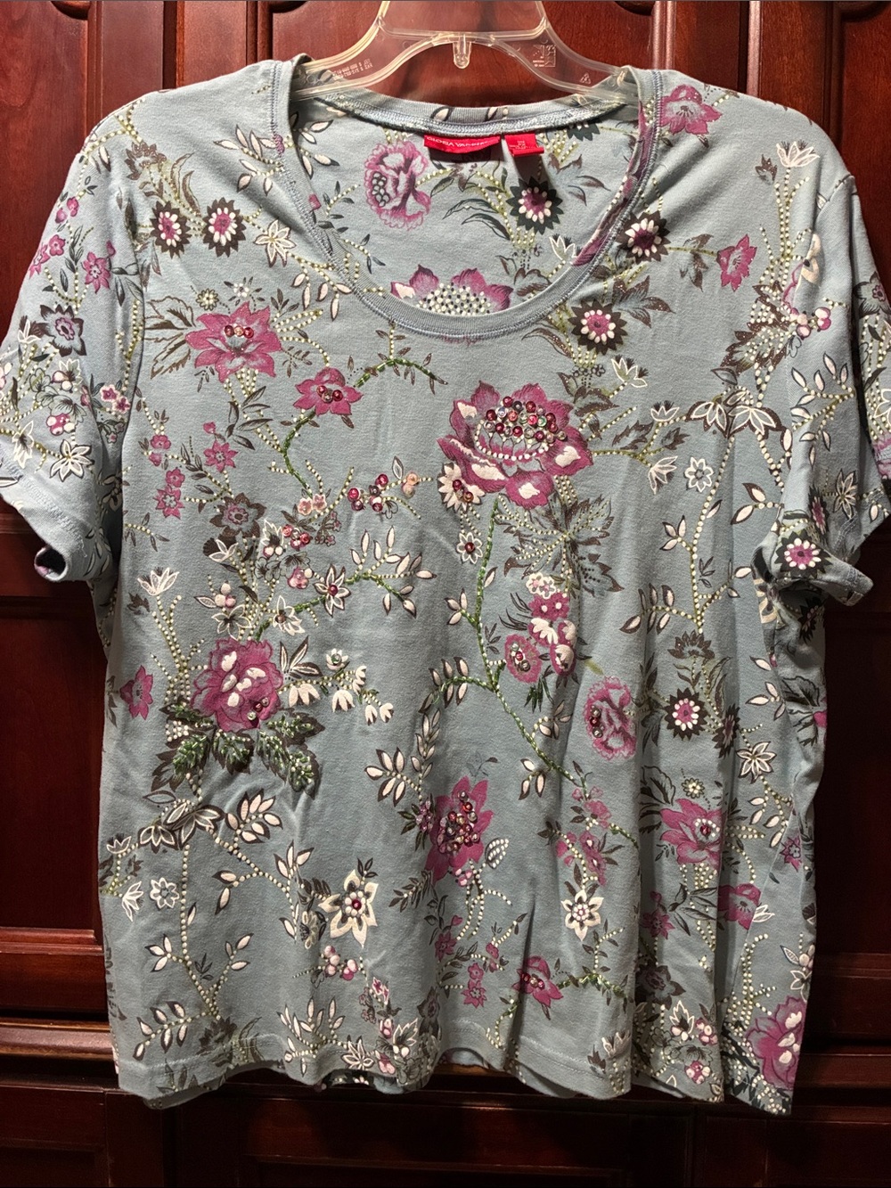 Women’s vintage plus size  Embellished floral blue cotton Short Sleeve Top